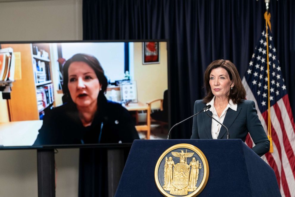 PHOTO: New York State Governor Kathy Hochul is joined by Dr. Kirsten St. George while giving a press briefing to address rising COVID-19 cases in the state and the new omicron variant in New York City, Nov. 29, 2021.