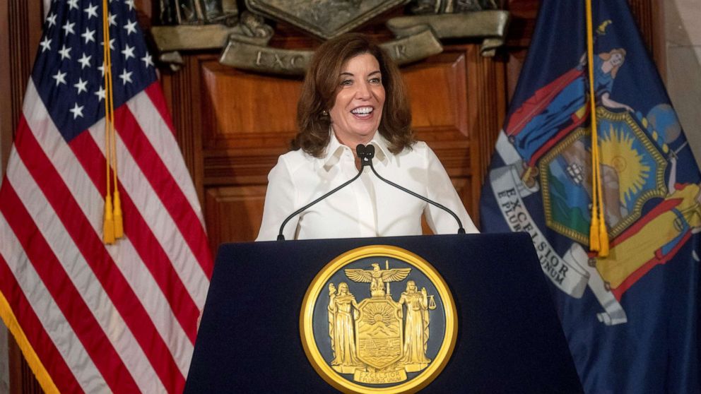 PHOTO: New York Governor Kathy Hochul speaks to the media after taking part in a swearing-in ceremony to become New York State's 57th and first woman governor, in Albany, New York, Aug. 24, 2021.