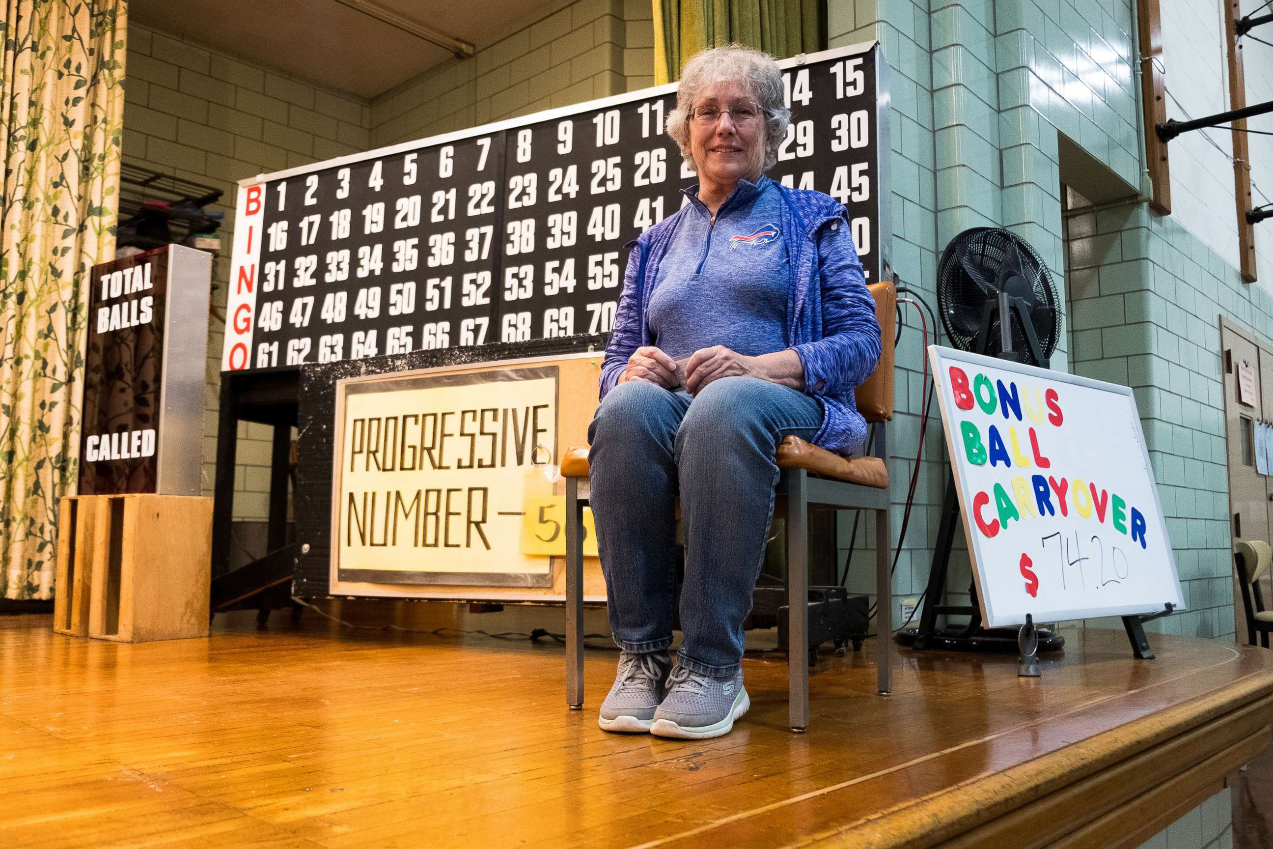 PHOTO: Kathy Press oversees the Thursday night BINGO game some Tops workers attend at Blessed Trinity Catholic Church in Buffalo.