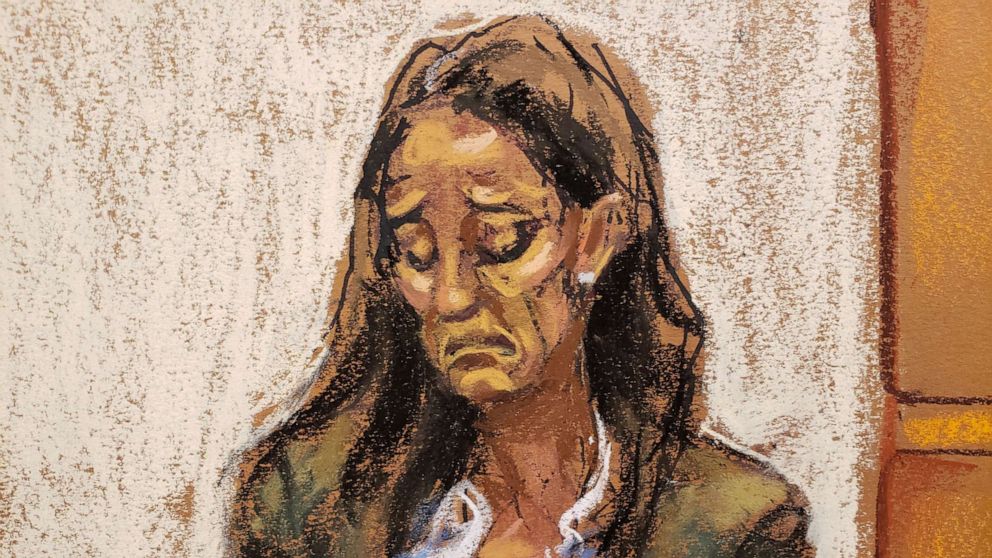 PHOTO: Kathy Russell, a member of NXIVM, an organization charged with sex trafficking, weeps while reading a statement before Judge Nicholas Garaufis imposes a sentence in her trial in a courtroom sketch in New York, Oct. 6, 2021.