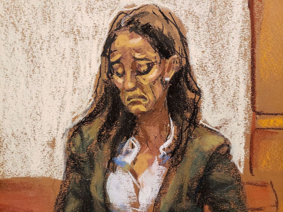 PHOTO: Kathy Russell, a member of NXIVM, an organization charged with sex trafficking, weeps while reading a statement before Judge Nicholas Garaufis imposes a sentence in her trial in a courtroom sketch in New York, Oct. 6, 2021.