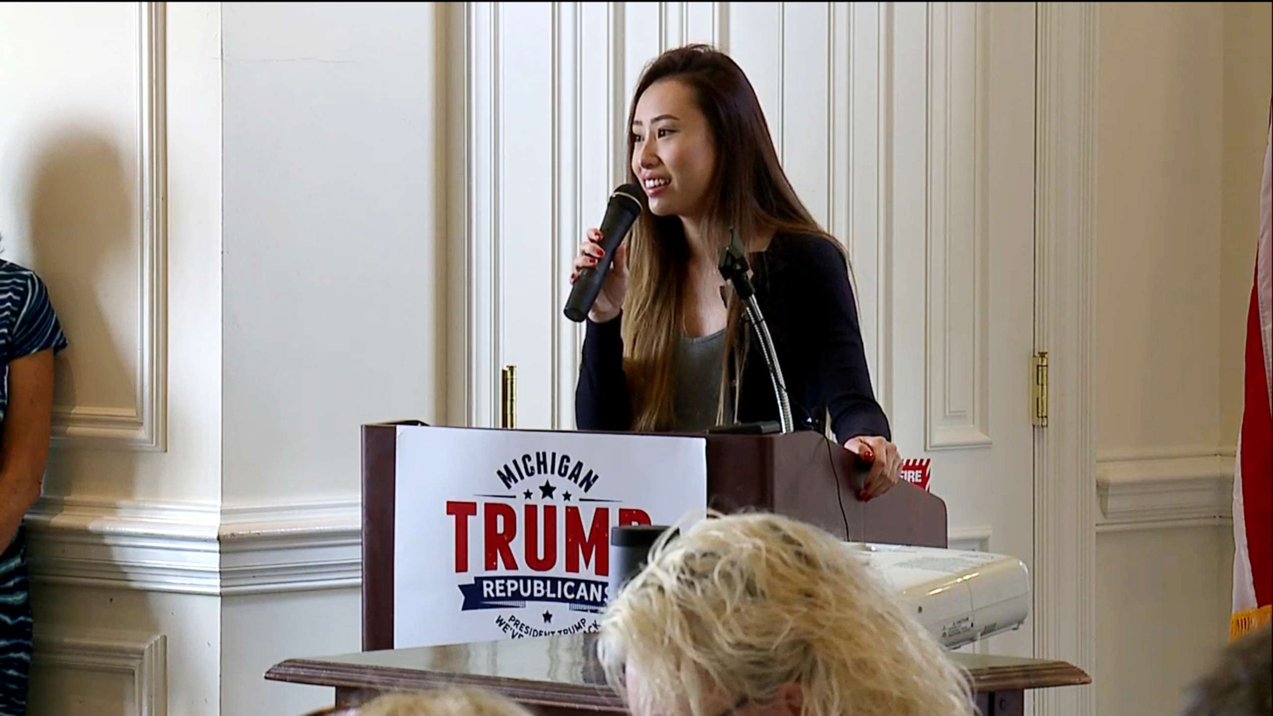 PHOTO: Kathy Zhu speaks at a Women for Trump event in Bloomfield Hills, Mich., July 26, 2019.