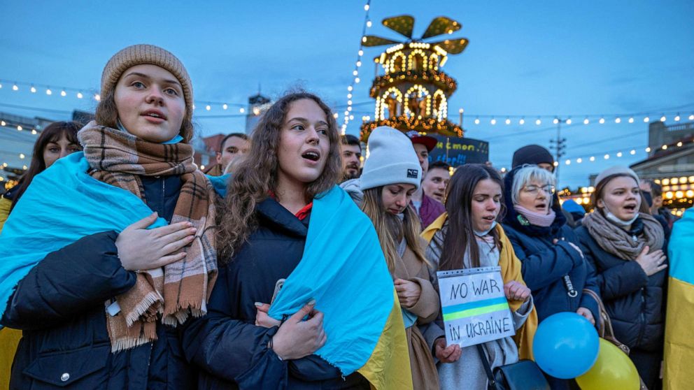 PHOTO: People gather to protest against Russia's military operation in Ukraine, in Katowice, Poland, Feb. 24, 2022.