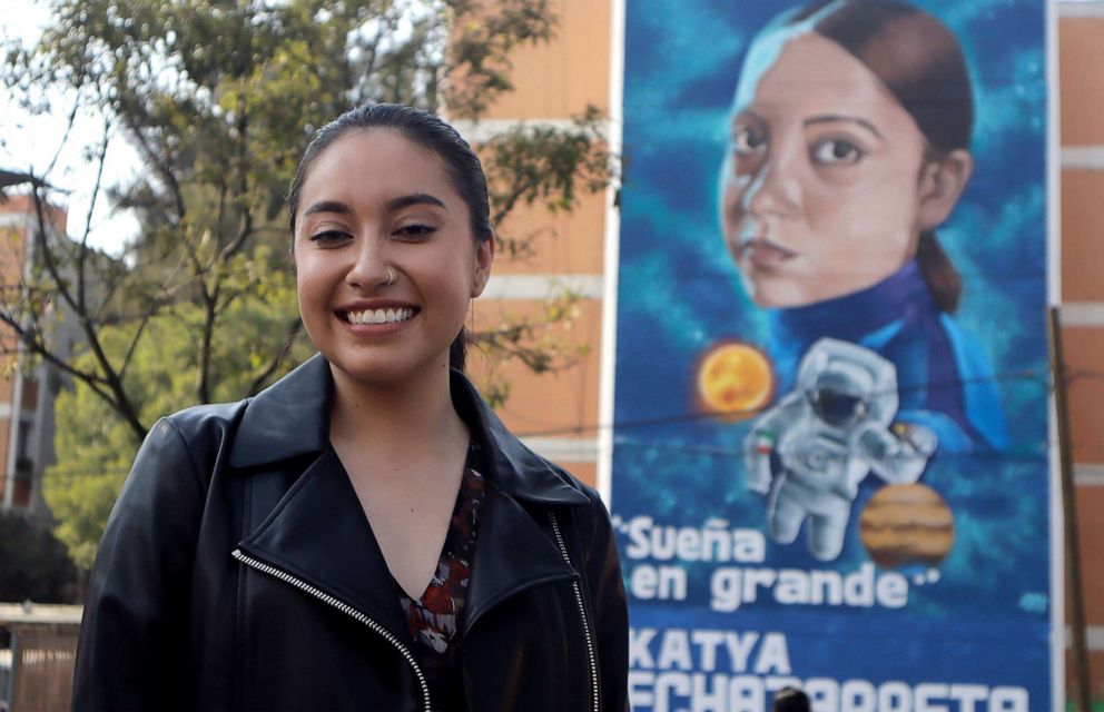 PHOTO: Katya Echazarreta, the first Mexican woman to travel to space in June 2022 on the Blue Origin NS-21 mission aboard NASA's New Shepard spacecraft, at the unveiling of a mural in her honor located on a building in Mexico City, on Dec. 12, 2022.