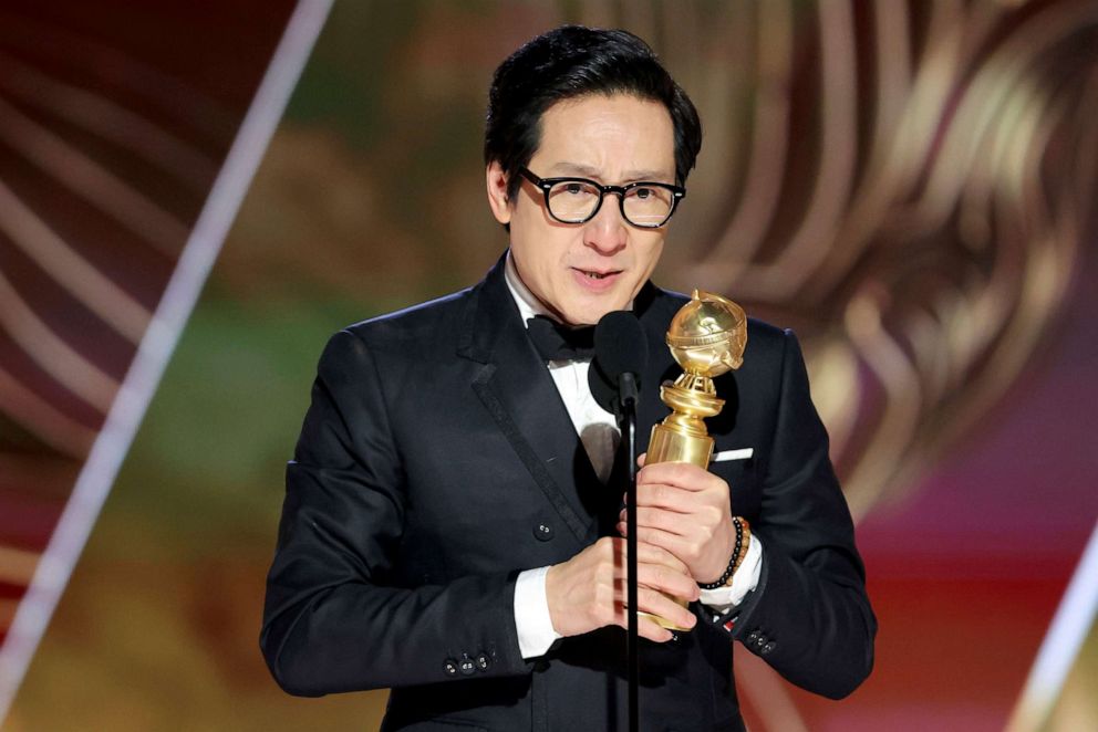 PHOTO: This image released by NBC shows Ke Huy Quan accepting the Best Supporting Actor in a Motion Picture award for "Everything Everywhere All at Once" at the 80th Annual Golden Globe Awards, on Jan. 10, 2023, in Beverly Hills, Calif.