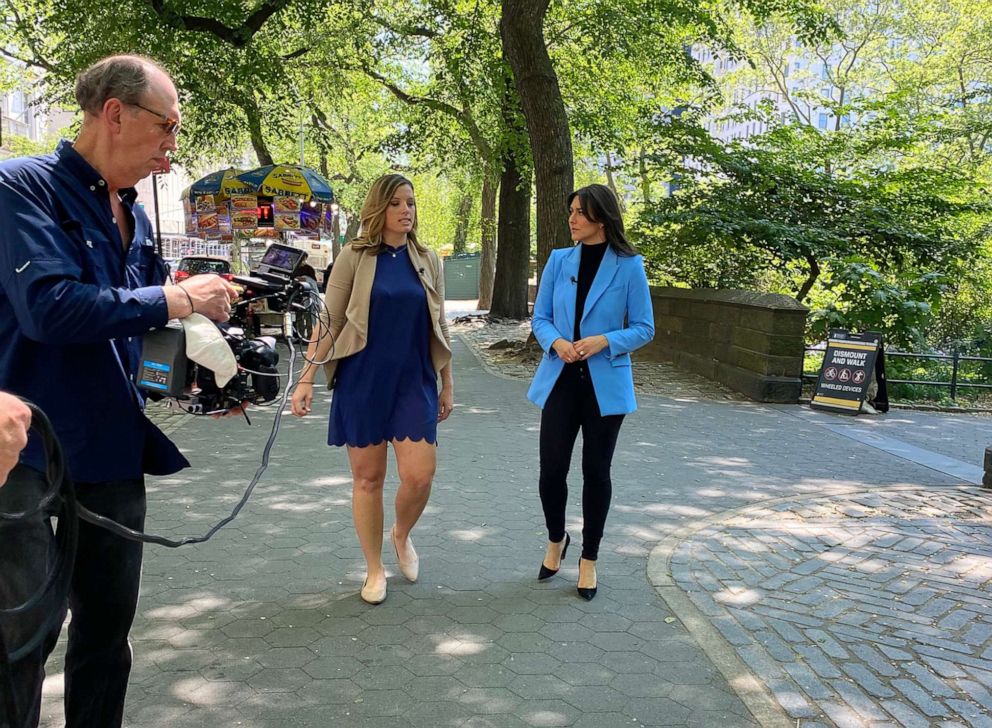 PHOTO: Shannon Keeler, who says she was raped nearly eight years ago at Gettysburg College, and ABC News' Erielle Reshef walk around Central Park, May 19, 2021.