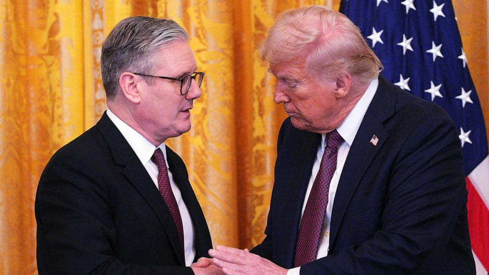 PHOTO: Britain's Prime Minister Keir Starmer and President Donald Trump shake hands at a joint press conference in the East Room at the White House Feb. 27, 2025, in Washington.