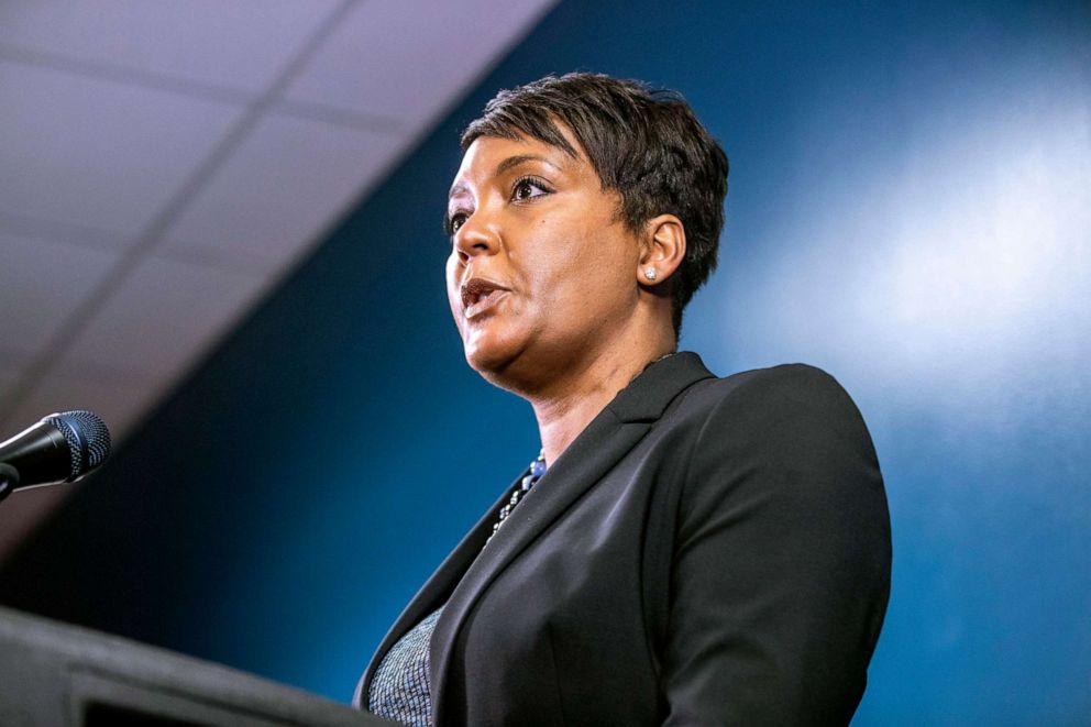 PHOTO: Atlanta Mayor Keisha Lance Bottoms speaks about the arrest of Robert Aaron Long during a press conference at the Atlanta Police Department headquarters in Atlanta, March 17, 2021.