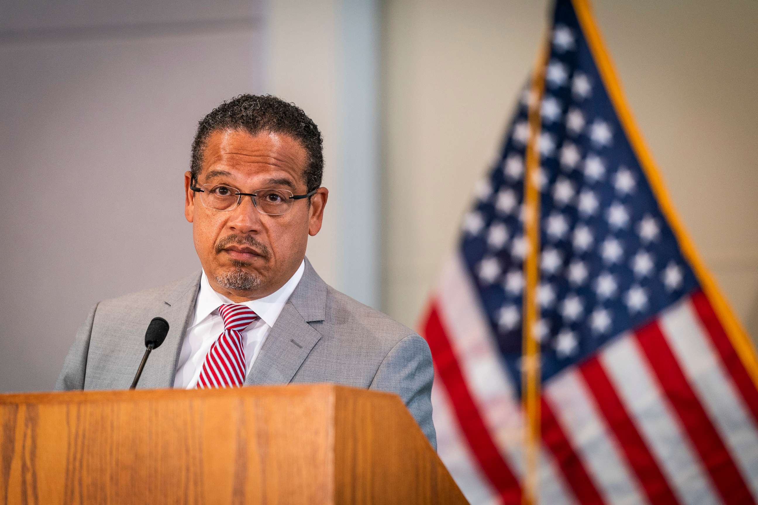 PHOTO: Minnesota Attorney General Keith Ellison speaks during a news conference at the Minnesota Department of Revenue, on June 3, 2020, in St. Paul, Minn.