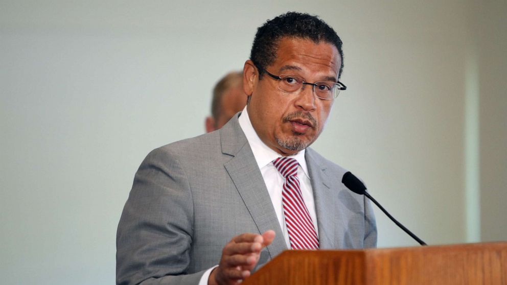 PHOTO: Minnesota Attorney General Keith Ellison announces that charges have been filed against former Minneapolis police officers Thomas Lane, J. Alexander Kueng, and Tou Thao in the death of George Floyd, June 3, 2020, in Minneapolis.