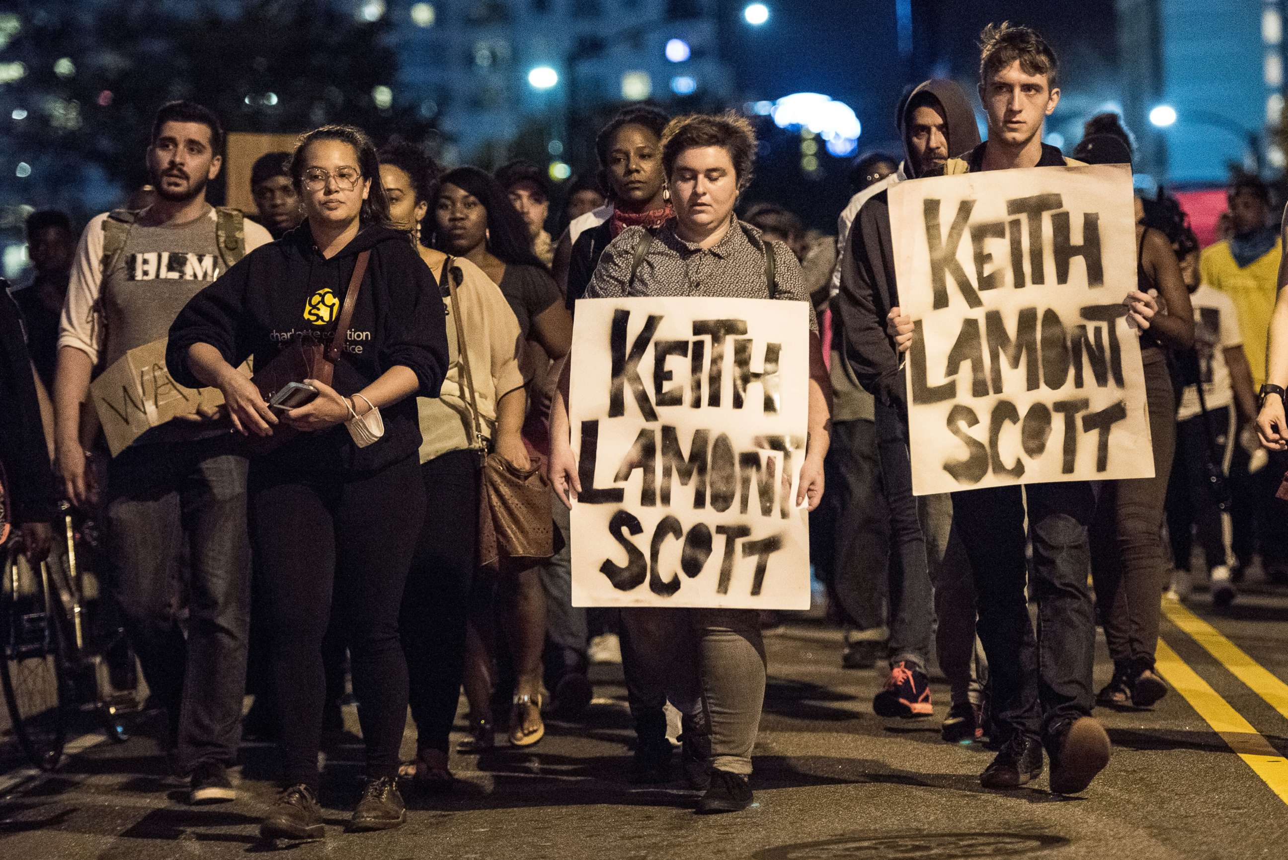 PHOTO: Demonstrators march during protests in Charlotte, N.C., Sept. 22, 2016. Protests began on Tuesday night following the fatal shooting of 43-year-old Keith Lamont Scott at an apartment complex near UNC Charlotte.