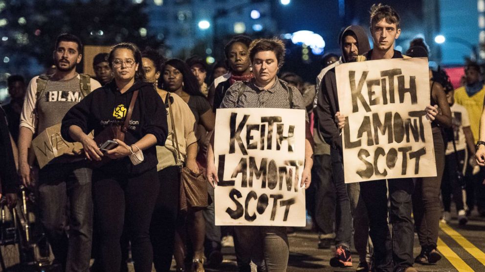 PHOTO: Demonstrators march during protests in Charlotte, N.C., Sept. 22, 2016. Protests began on Tuesday night following the fatal shooting of 43-year-old Keith Lamont Scott at an apartment complex near UNC Charlotte.