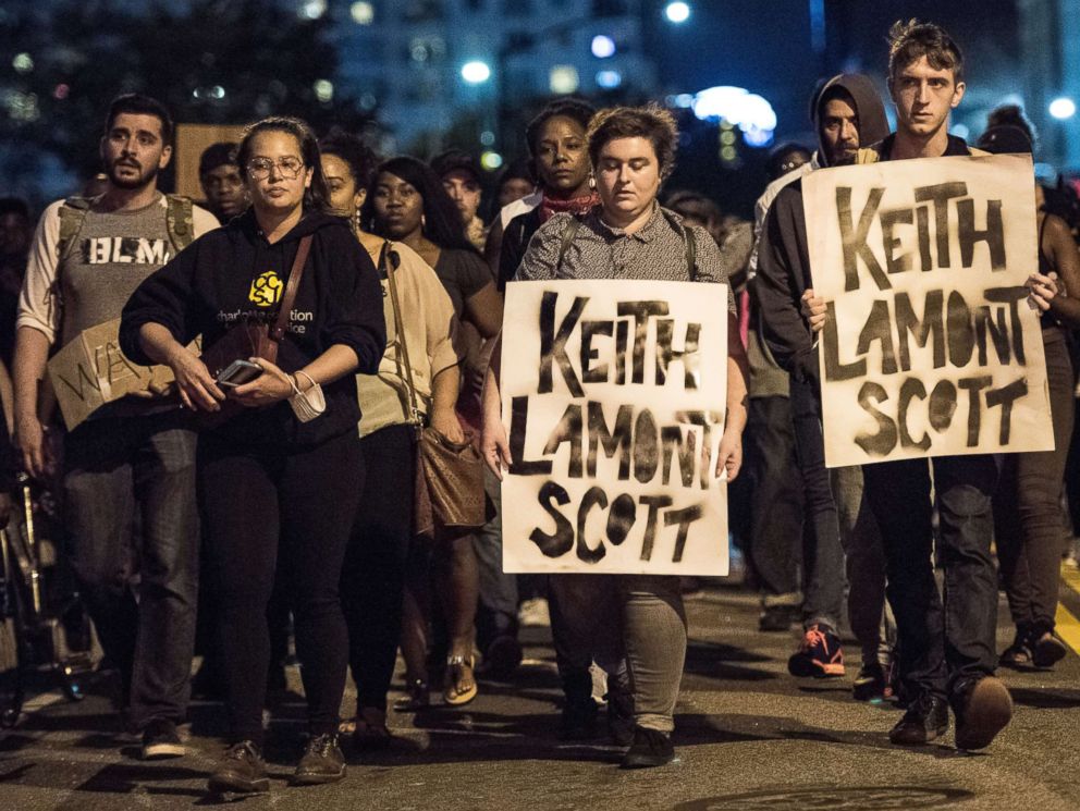 PHOTO: Demonstrators march during protests in Charlotte, N.C., Sept. 22, 2016. Protests began on Tuesday night following the fatal shooting of 43-year-old Keith Lamont Scott at an apartment complex near UNC Charlotte.