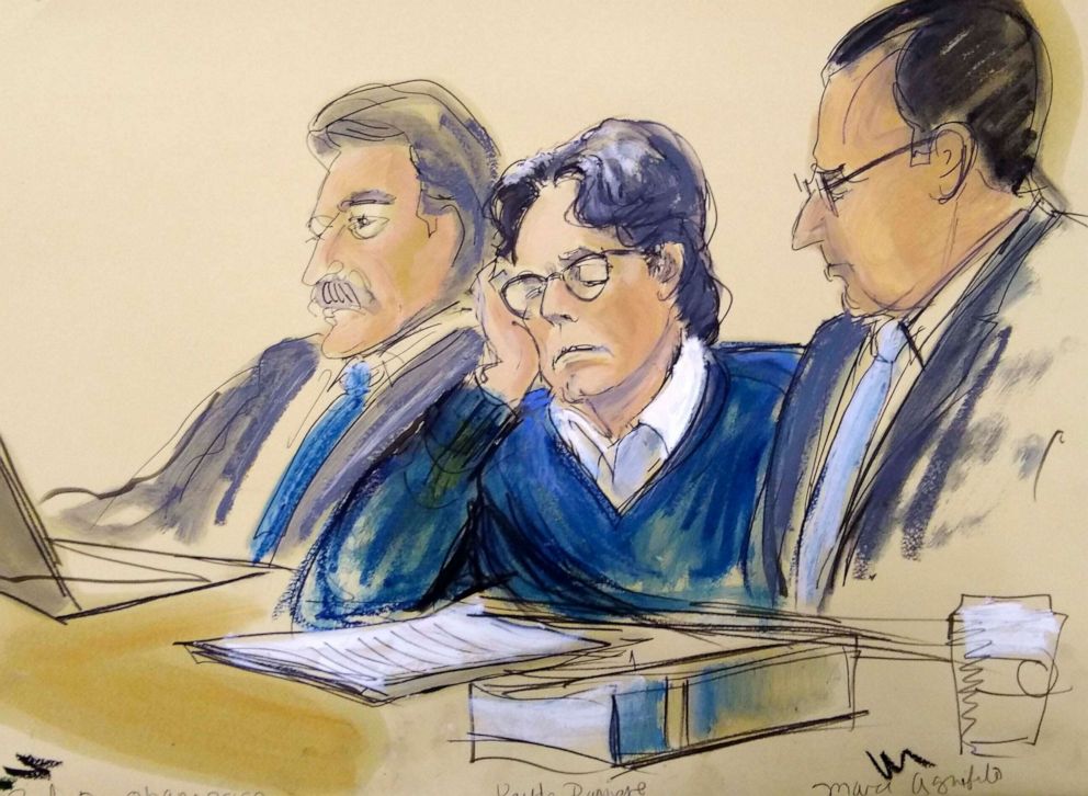 PHOTO: Defendant Keith Raniere, center, sits with attorneys Paul DerOhannesian, left, and Marc Agnifilo during closing arguments at Brooklyn federal court in New York.