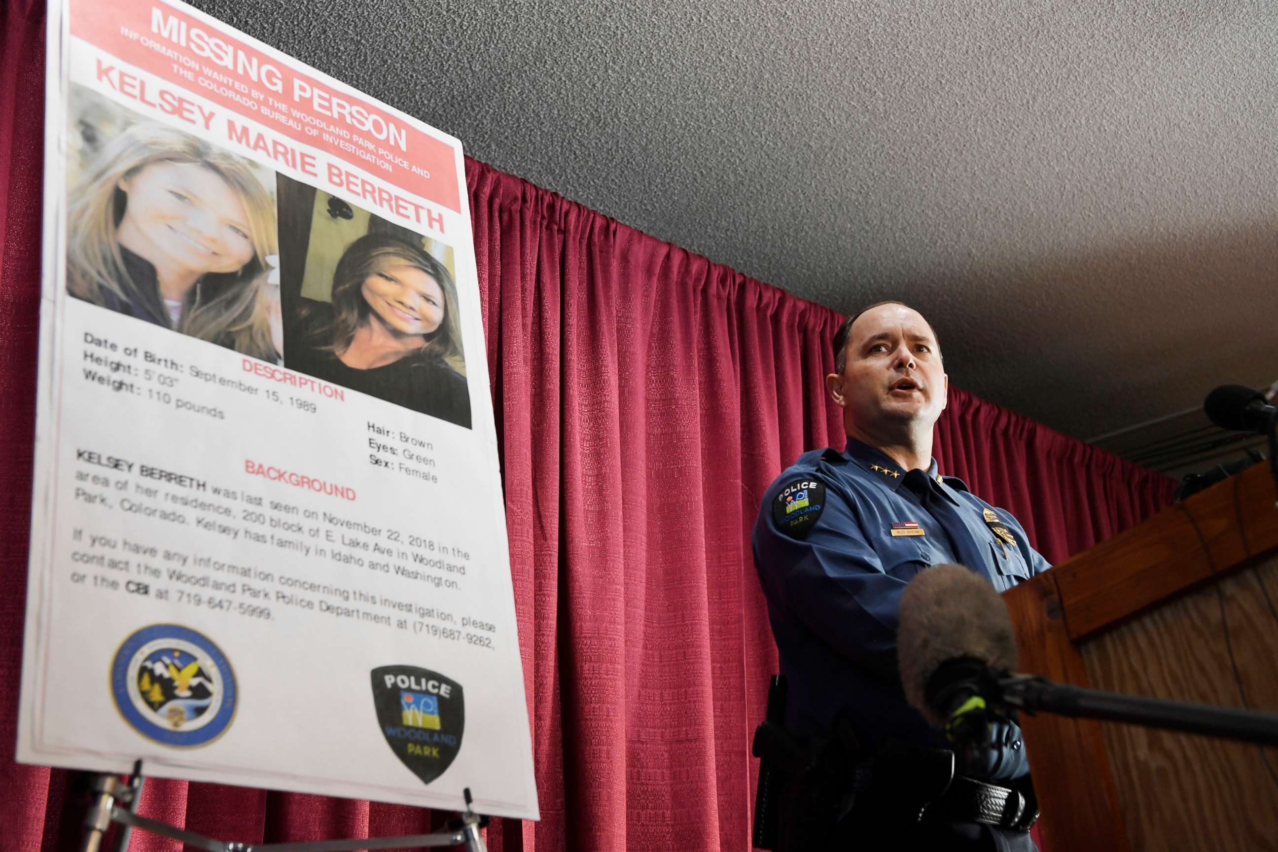 PHOTO: Woodland Park police Chief Miles DeYoung speaks during a press conference at the Florissant Grange to update Kelsey Berreth's disappearance case in Florissant, Colorado, Dec. 14, 2018.