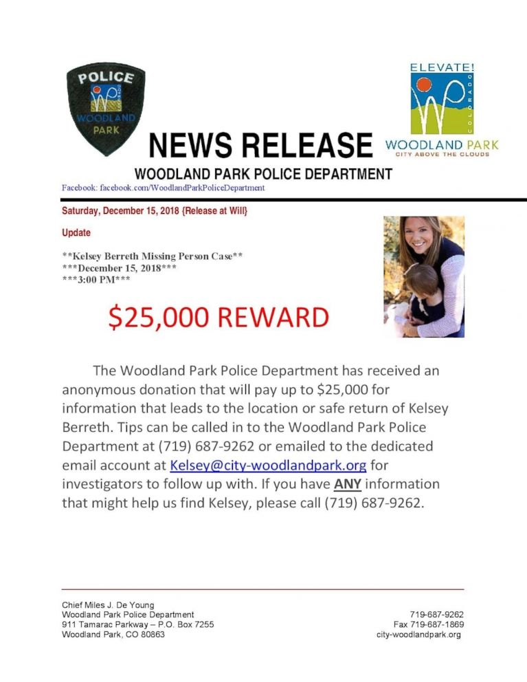 PHOTO: Authorities are now offering $25,000 for information that leads to the safe return of missing Colorado mom Kelsey Berreth. She was last seen on Thursday, Nov. 22, 2018.