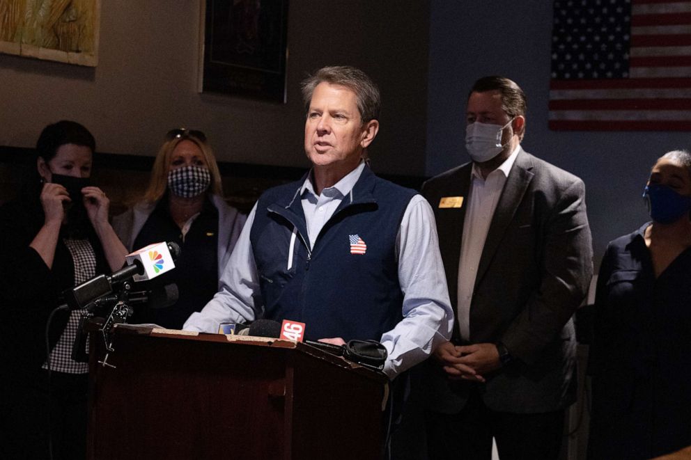 PHOTO: Georgia Gov. Brian Kemp speaks at a news conference about the state's new Election Integrity Law that had recently passed,  at AJ's Famous Seafood and Poboys, April 10, 2021, in Marietta, Ga. 