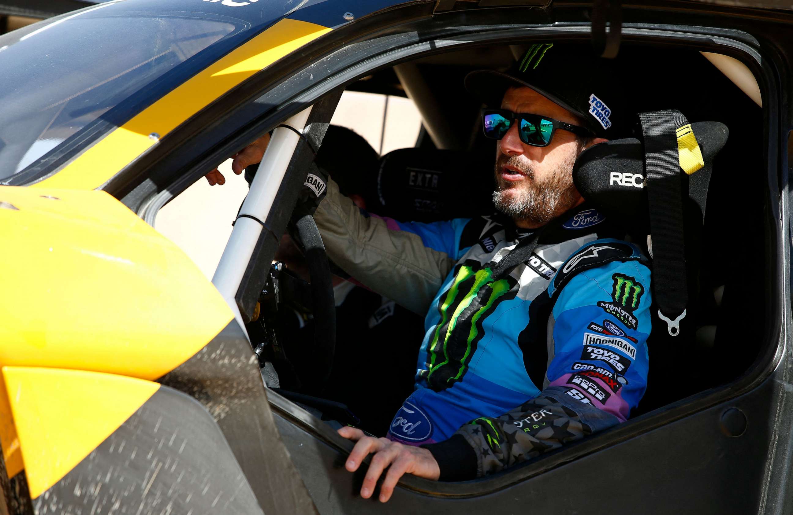 PHOTO: (FILES) In this file photo taken on January 17, 2020, legendary off-road racer and YouTube star Ken Block prepares to take the wheel of Extreme Es E-SUV to take part in the Grand Prix of Qiddiya finale of the Dakar 2020.