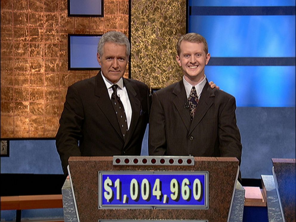 PHOTO: In this July 14, 2004, file photo, "Jeopardy" host Alex Trebek poses with contestant Ken Jennings after Jennings' record breaking streak on the game show surpassed 1 million dollars, in Culver City, Calif.