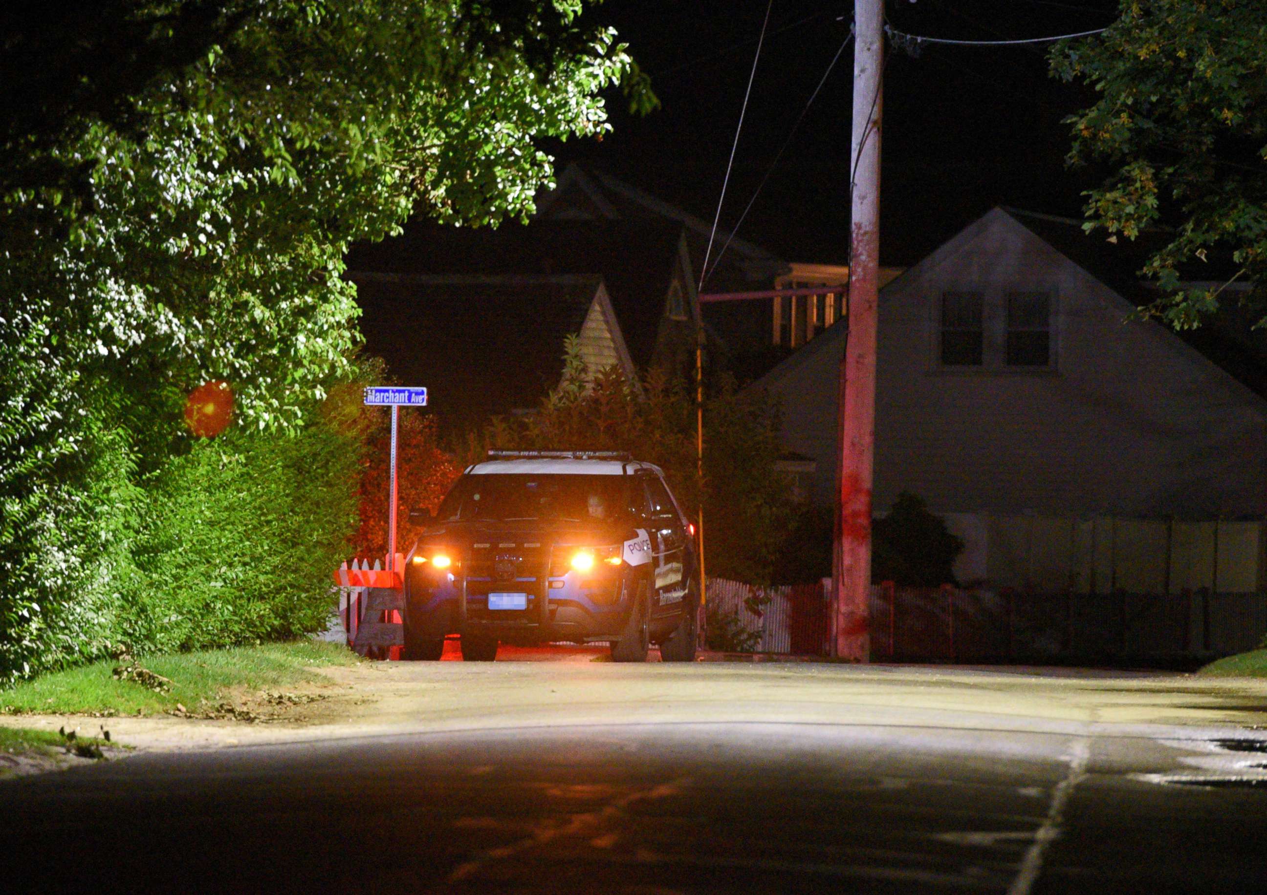 PHOTO: A Barnstable Police cruiser sits at the top of Marchant Avenue as police investigate the death of Saoirse Kennedy Hill, the granddaughter of the late Robert F. Kennedy, at the Kennedy Compound in Hyannis Port, Mass., Aug. 1, 2019.