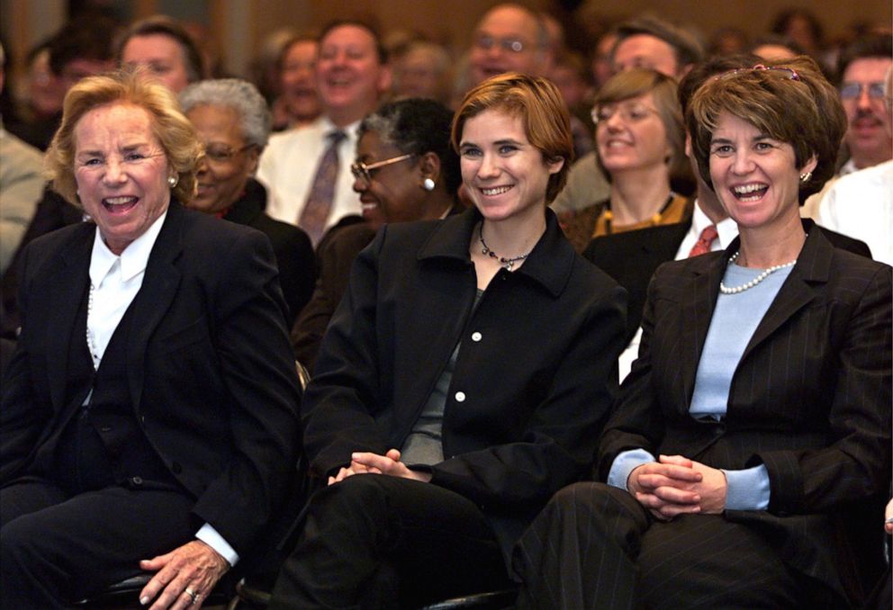 PHOTO:  Ethel Kennedy, left, granddaughter Maeve Townsend and Kathleen Kennedy Townsend enjoy a light moment during a symposium at the Kennedy Library, in Dorchester, Mass., Nov. 18, 2000. 
