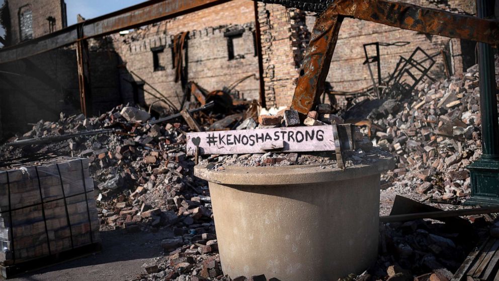 PHOTO: A sign which reads "Kenosha Strong" is displayed amidst the debris in Kenosha, Wis., Nov. 2, 2020. A Kenosha police officer was caught on video shooting Jacob Blake repeatedly in the back on Aug. 23, 2020.