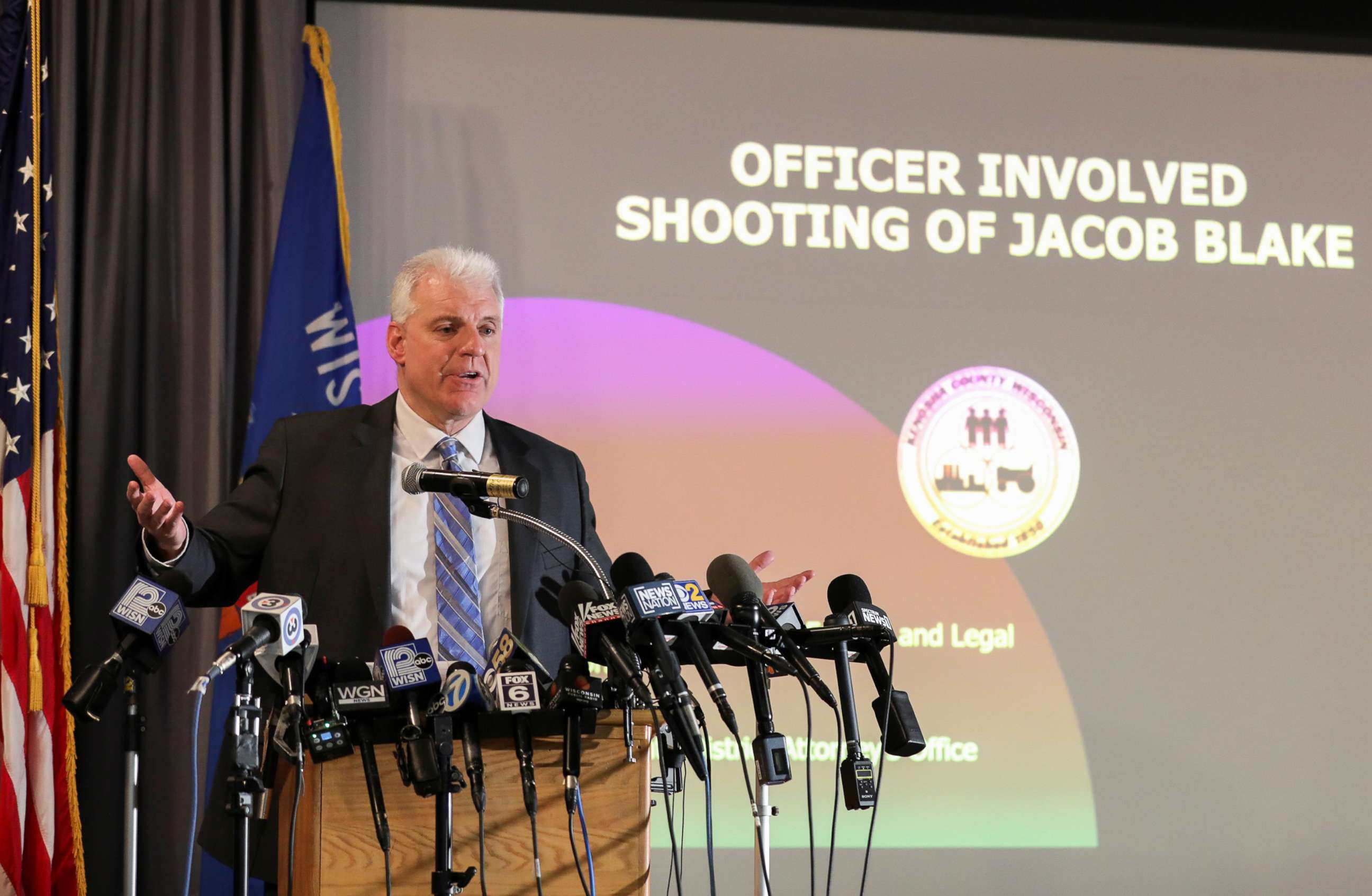 PHOTO: Kenosha County District Attorney Michael Graveley announces the decision on whether any of the Kenosha Police Officers involved in the  shooting of Jacob Blake will face criminal charges, in Kenosha, Wis., Jan. 5, 2021.