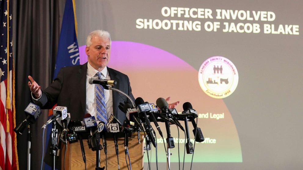 PHOTO: Kenosha County District Attorney Michael Graveley announces the decision on whether any of the Kenosha Police Officers involved in the  shooting of Jacob Blake will face criminal charges, in Kenosha, Wis., Jan. 5, 2021.