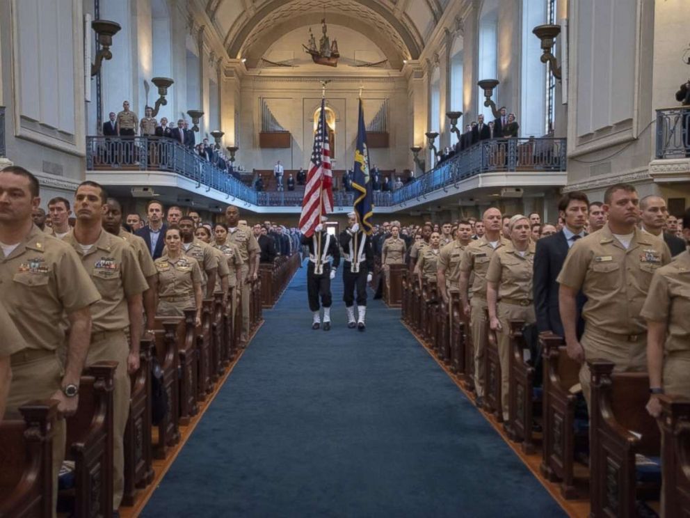 PHOTO: Cryptologic Warfare Group 6's ceremonial honor guard personnel present the colors at a memorial held for Shannon M. Kent's honor. The memorial was held at the U.S. Naval Academy in Annapolis, Md., Feb. 8, 2019.