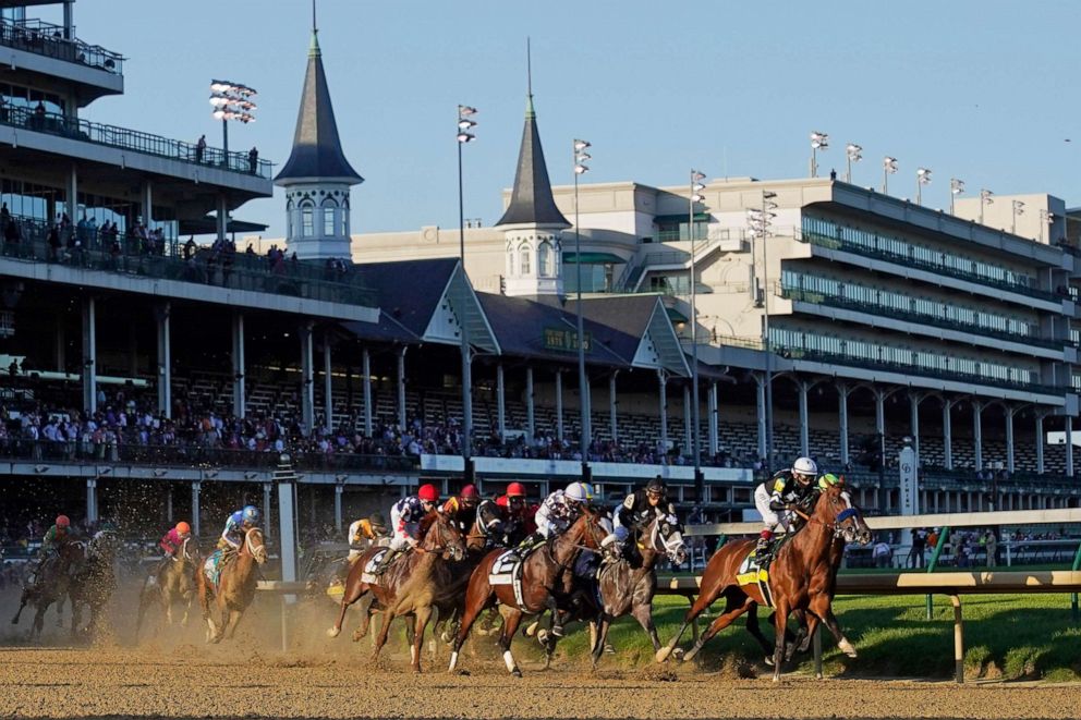 PHOTO: John Velazquez rides Authentic in the 146th running of the Kentucky Derby horse race at Churchill Downs in Louisville, Ky.,  Sept. 5, 2020.