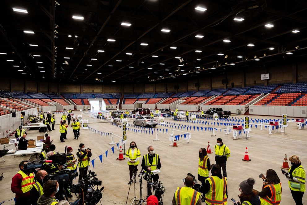 PHOTO: Louisville Mayor Greg Fischer addresses members of the media during the first day of mass Moderna COVID-19 vaccinations in Broadbent Arena at the Kentucky State Fair and Exposition Center on Jan. 4, 2021 in Louisville.