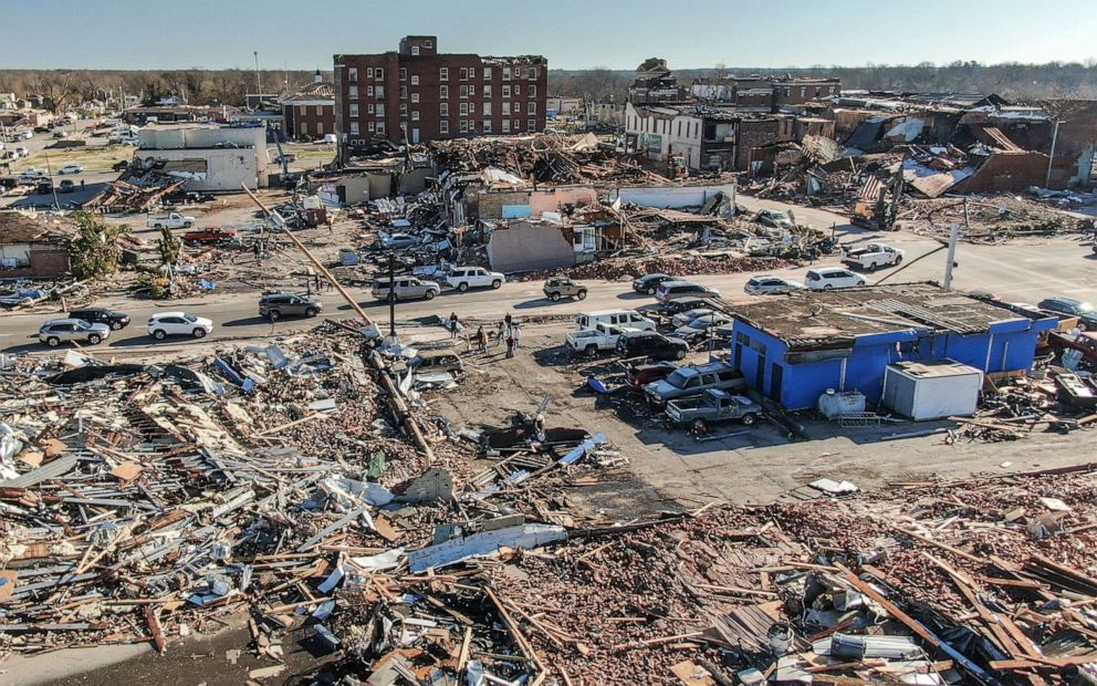 PHOTO: An aerial photo made with a drone shows widespread destruction of homes and businesses after tornadoes moved through the area leaving destruction and death across six states, in Mayfield, Ky., Dec. 12, 2021.