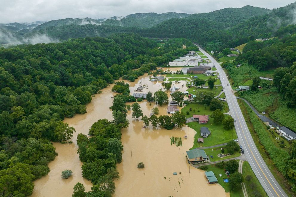 PHOTO: Homes and structures are flooded near Quicksand, Ky., July 28, 2022.