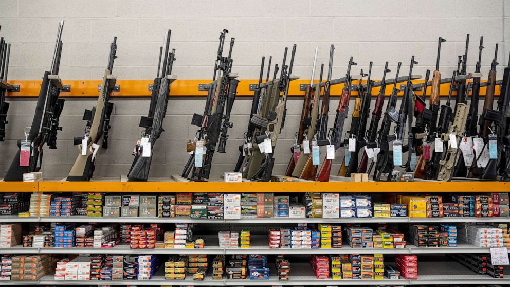 PHOTO: Rifles and ammunition for sale at Knob Creek Gun Range in West Point, Kentucky, July 22, 2021.