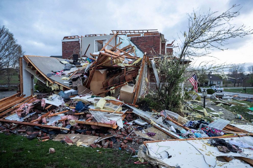 PHOTO: A home was destroyed by a tornado which touched down on Bohannon Station Road in southeastern Louisville, Kentucky, April 14, 2022.