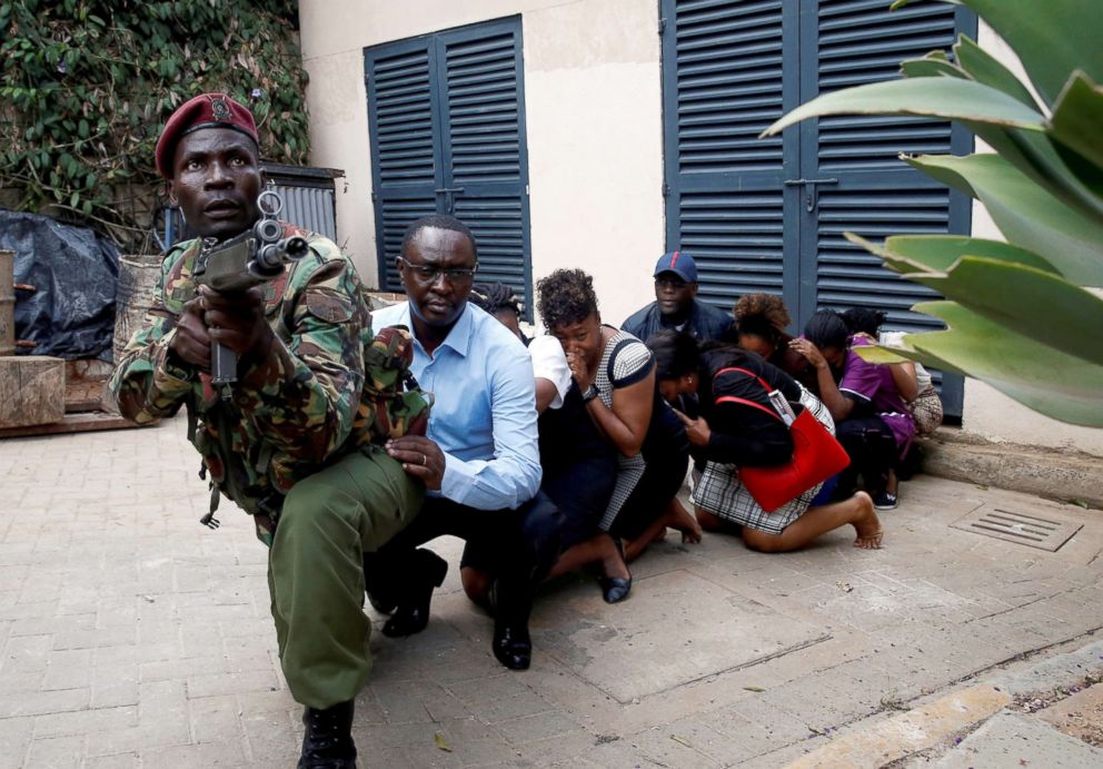 PHOTO: People are evacuated by security forces at the scene where explosions and gunshots were heard at the Dusit hotel compound in Nairobi, Kenya, Jan. 15, 2019.