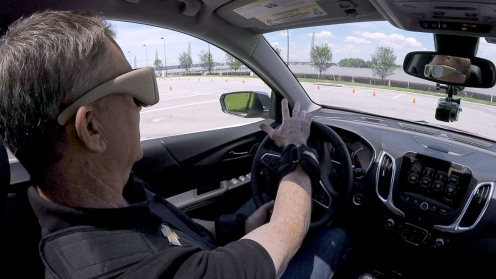 PHOTO: Senior Transportation Correspondent David Kerley suited up with 23 pounds of weights on his wrists, chest and ankles and put on goggles to block his vision, creating the effect of driving drowsy on the road.