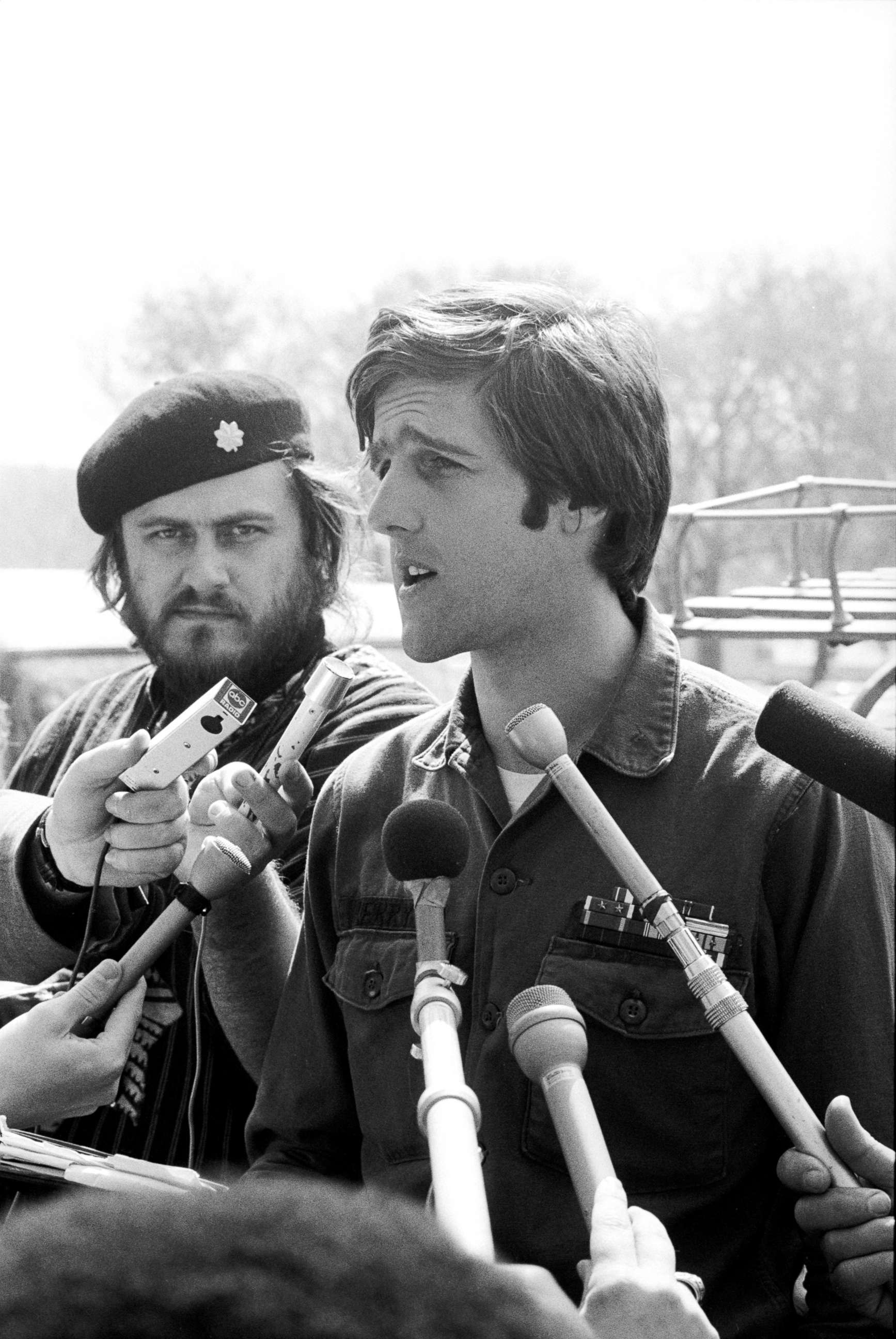 PHOTO: American soldier John Kerry, spokesman for the VVAW (Vietnam Veterans Against the War), speaks to the press at an outdoor event in Washington D.C., April 21, 1971. 