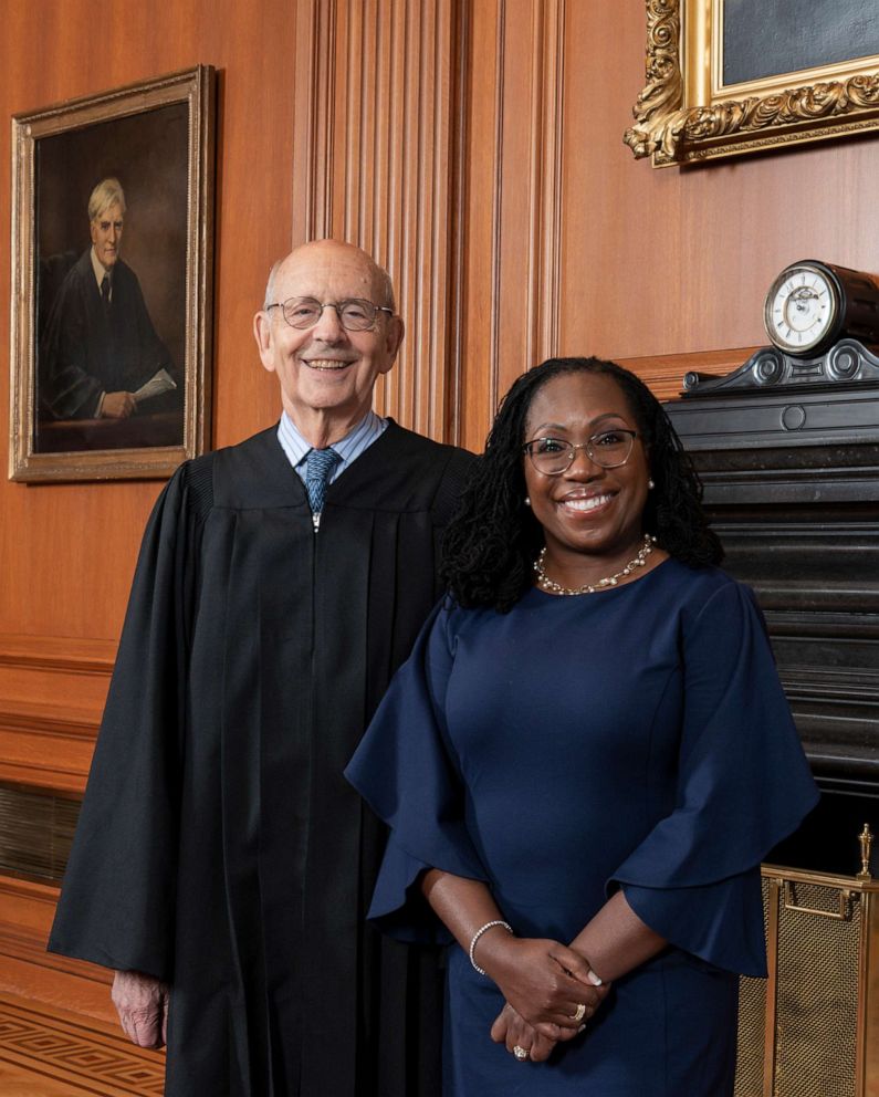 PHOTO: Justice Stephen G. Breyer (Retired) and Justice Ketanji Brown Jackson stand in the Justices' Conference Room, in the Supreme Court Building in Washington, D.C., on June 30, 2022.