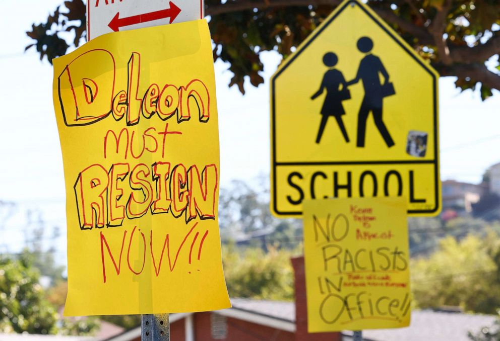 PHOTO: Signs calling for the resignation of L.A. City Council member Kevin de Leon are posted near de Leon's home in the wake of a leaked audio recording, Oct. 18, 2022 in Los Angeles.