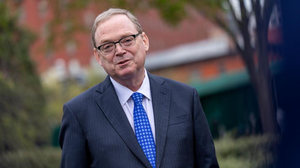 PHOTO: Director of the National Economic Council of the United States Kevin Hassett responds to a question from the news media during a briefing outside the West Wing of the White House in Washington, April 14, 2025.