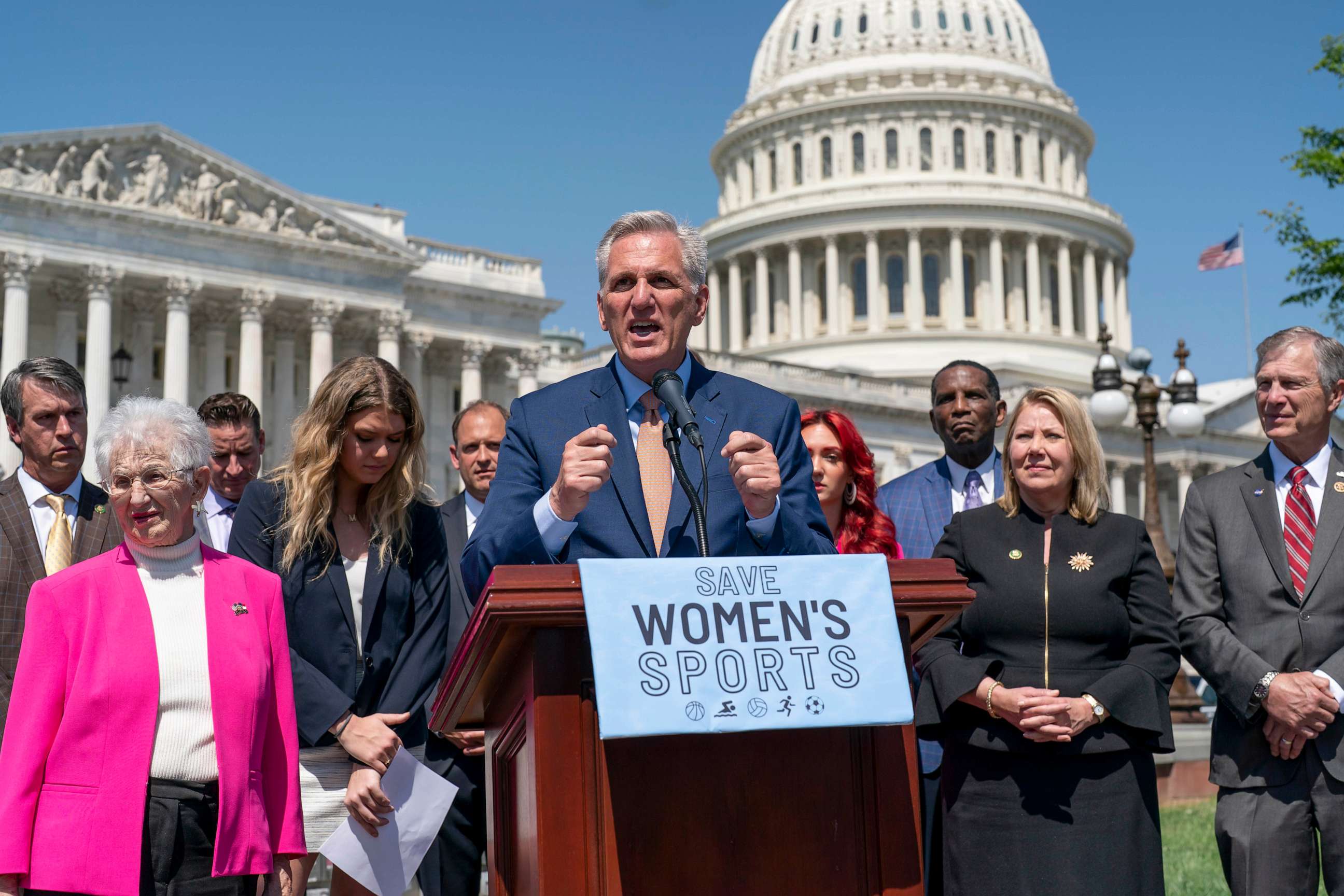 PHOTO: Speaker of the House Kevin McCarthy celebrates passage in the House of a bill that would bar federally supported schools and colleges from allowing transgender athletes at the Capitol in Washington, April 20, 2023.