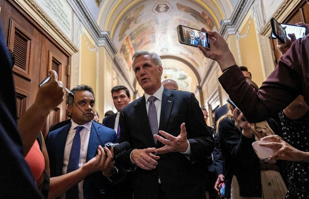 PHOTO: FILE - House Speaker Kevin McCarthy, Republican of California, speaks with reporters in the US Capitol in Washington, DC, May 17, 2023.