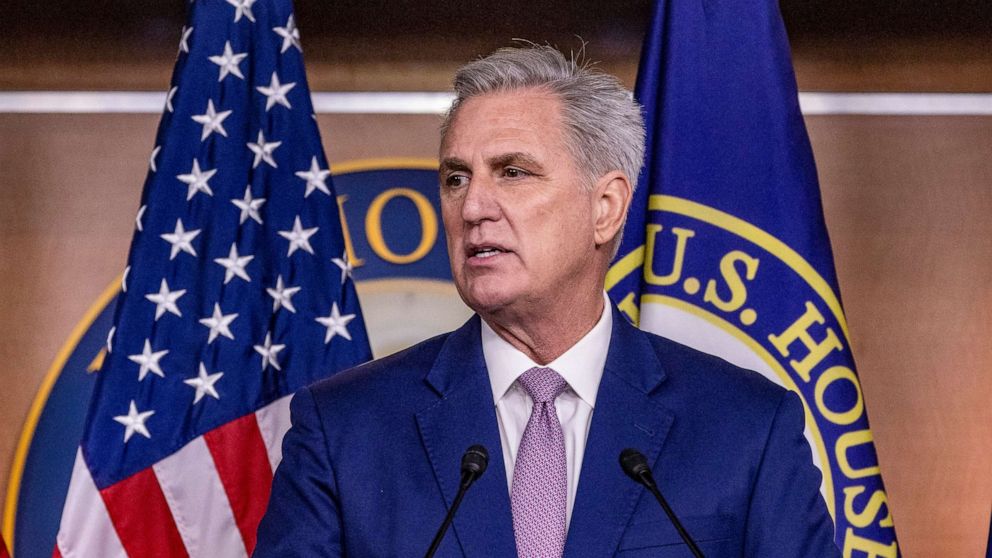 PHOTO: House Minority Leader Kevin McCarthy holds his weekly news conference at the U.S. Capitol on March 9, 2022, in Washington, D.C.