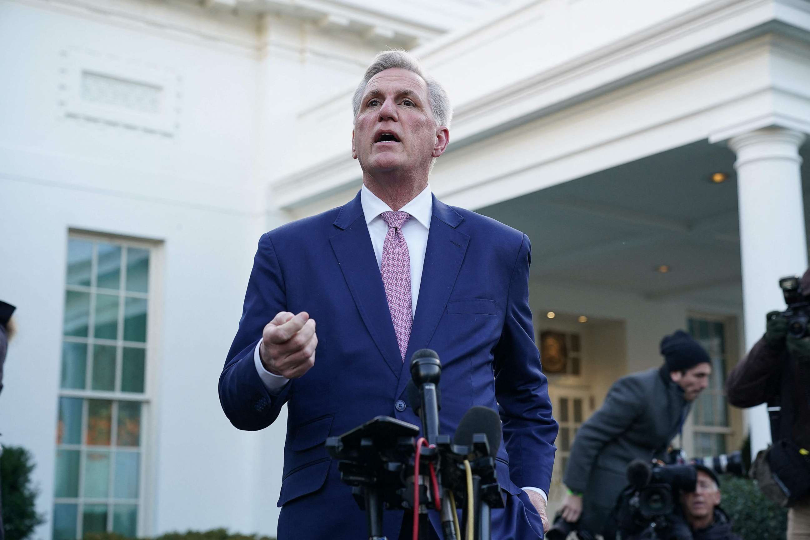 PHOTO: House Speaker Kevin McCarthy speaks outside of the West Wing of the White House following a meeting with President Joe Biden in Washington, D.C., on Feb. 1, 2023.