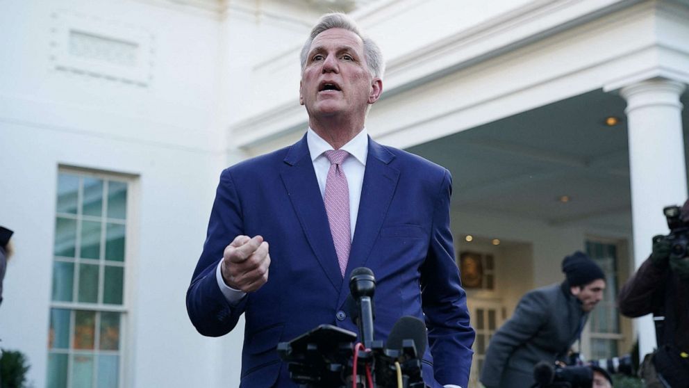 PHOTO: House Speaker Kevin McCarthy speaks outside of the West Wing of the White House following a meeting with President Joe Biden in Washington, D.C., on Feb. 1, 2023.