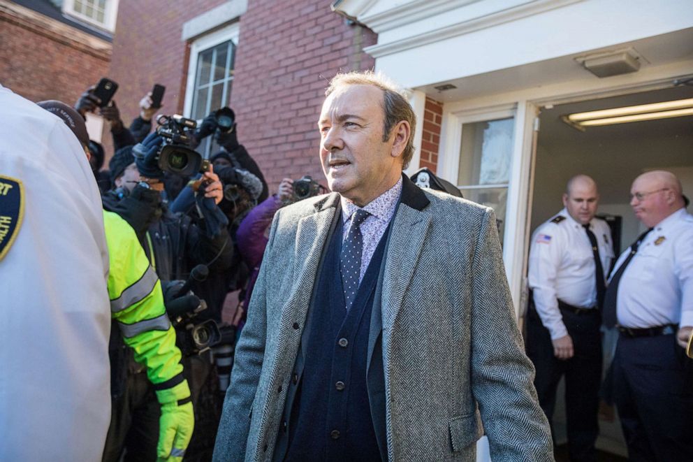 PHOTO: In this file photo, actor Kevin Spacey leaves Nantucket District Court after being arraigned on sexual assault charges on January 7, 2019, in Nantucket, Mass.