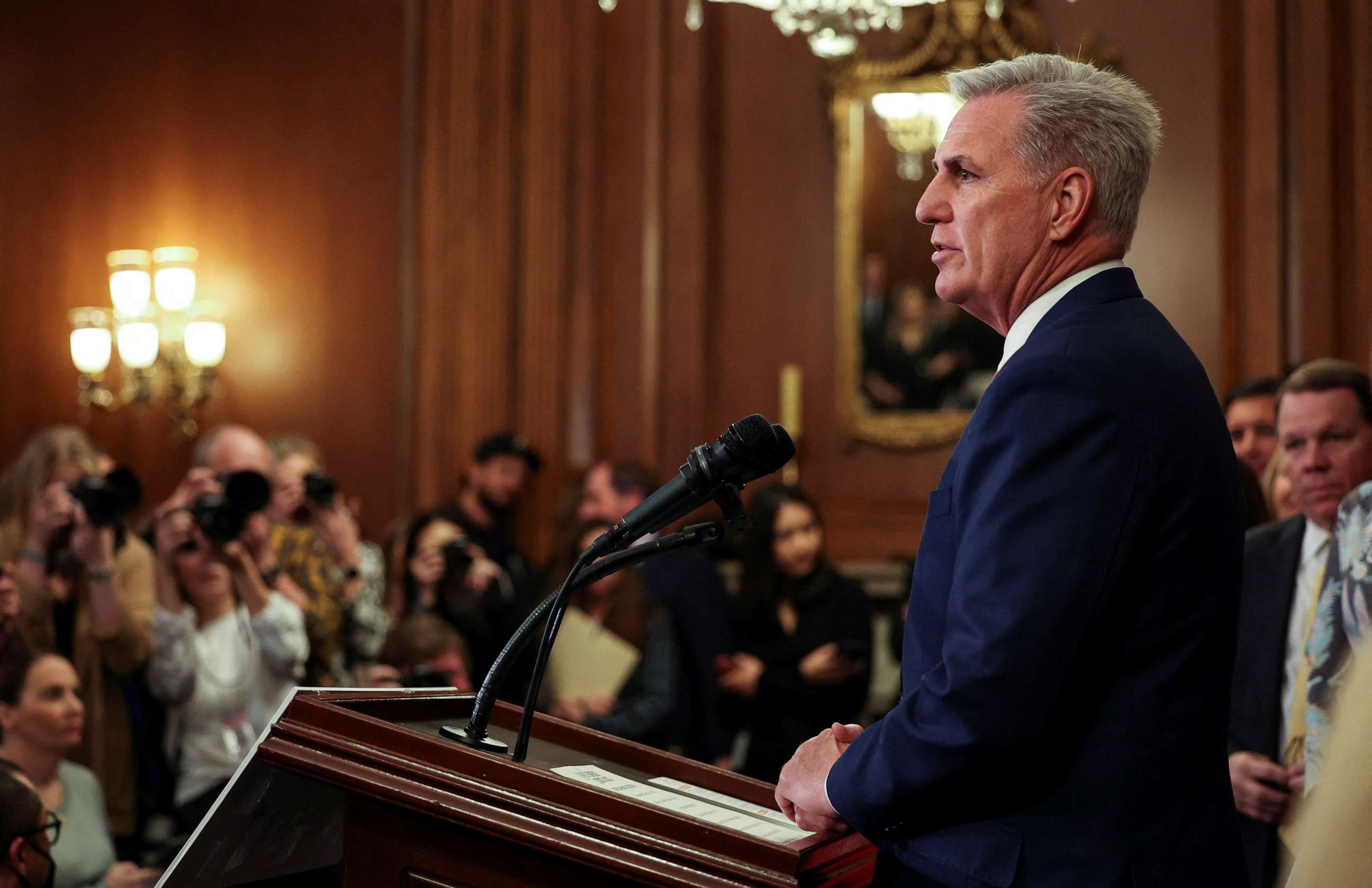 PHOTO: House Speaker Kevin McCarthy (R-CA) and House Republicans hold a news conference on the "Lower Energy Costs Act," on Capitol Hill in Washington, March 30, 2023.