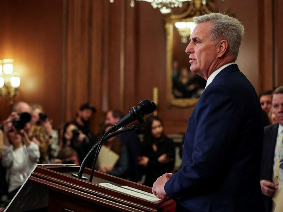 PHOTO: House Speaker Kevin McCarthy (R-CA) and House Republicans hold a news conference on the Lower Energy Costs Act, on Capitol Hill in Washington, March 30, 2023.
