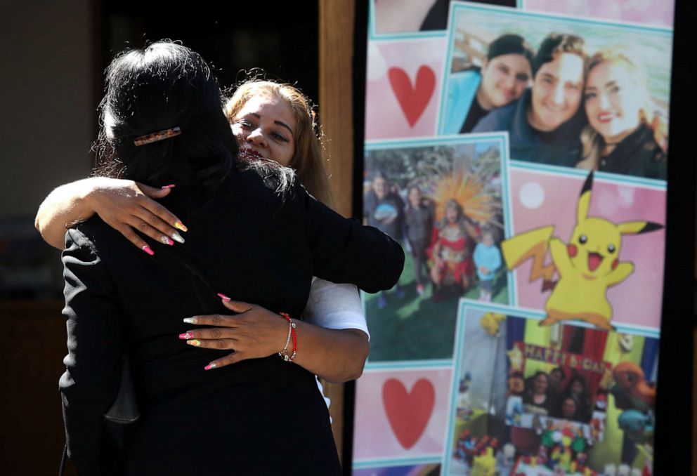 PHOTO: Mourners embrace before the start of funeral services for 13-year-old Keyla Salazar at Our Lady of Guadalupe Church on August 06, 2019, in San Jose, Calif.